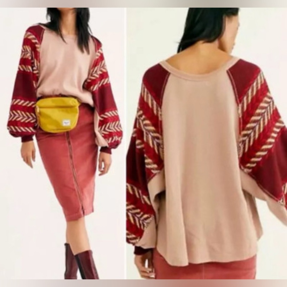 We The Free Bohemian oversized Aztec thermal wide arm embroidered top size Small